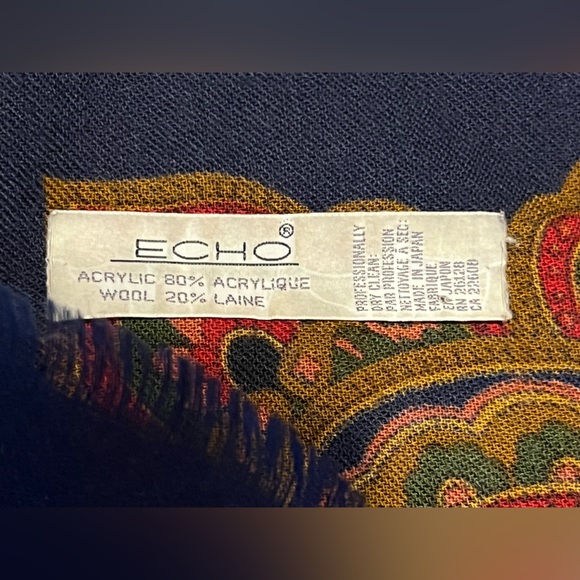 🌺Spectacular Vintage ECHO Navy & Pink Fine Wool 43” Square Scarf—Lightweight - Picture 4 of 16